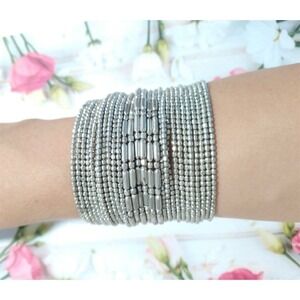 Silver Tone Wide Open Cuff Bracelet Multi-Row Beaded Geometric Statement Bold